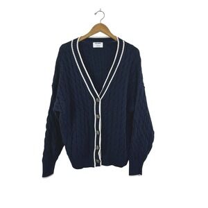 Old Navy Cable-Knit Cardigan Sweater Womens Large Blue White Preppy Nautical
